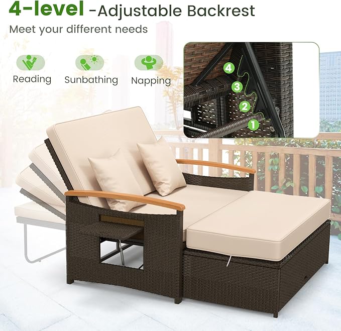 Tangkula Patio Rattan Daybed with 4-Level Adjustable Backrest, Outdoor Wicker Loveseat with Acacia Wood Armrest, Storage Ottoman & Folding Tray, Double Sunbed Lounger for Balcony, Backyard & Poolside