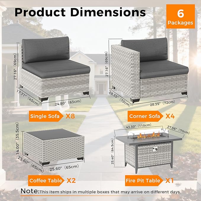 12-Seat Modern Outdoor Wicker Rattan Patio Furniture Set with 55,000 BTU Fire Pit Table, Thick 4″ Cushions, All-Weather Dual-Strand Rattan, Rust-Resistant Steel Frame,Black