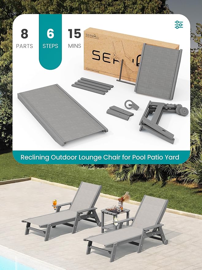 SERWALL Patio Chaise Lounge Chair, 5 Positions Outdoor Lounger for Pool, Textilene Lounge Chair with Rolling Wheels for Poolside, Deck, Grey