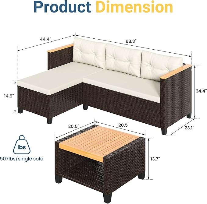 Wisteria Lane Small Patio Furniture Set, All-Weather Wicker Outdoor Sectional with Cushions, L Shape Outdoor Couch with Storage Table, 3 Piece PE Rattan Patio Furniture for Balcony, Beige