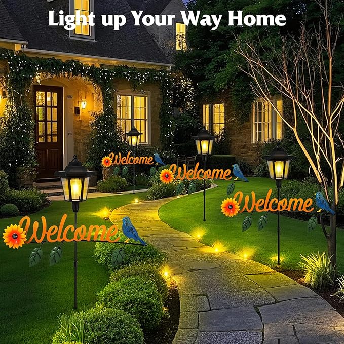 Lewondr Solar Garden Lights Hummingbird, 36.6 Inch Solar Lamp Post Light with Welcome Sign & Hummingbird, Outdoor Waterproof Solar Stake Lights for Yard Porch Patio Pathway Gardening Gifts, 2 Pack