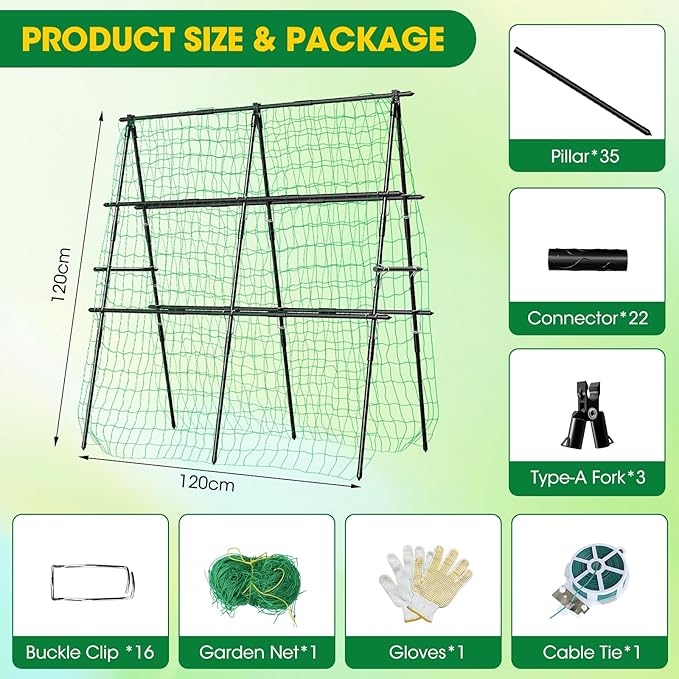 Cucumber Trellis, 47''X47'' A-Frame Cucumber Trellis for Raised Bed with Climbing Net, Metal Garden Trellis for Climbing Plants for Cucumber,Tomato, Grapes and Flowers