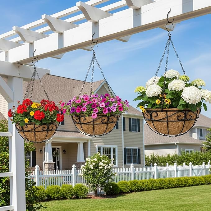 Outdoor Metal Hanging Planters Basket (4pack, 10 inch) Hanging Baskets for Plants Chain Round Wire Plant Holder with Coco Fiber Liners for Garden, Patio, Deck, Porch(Flower Border)