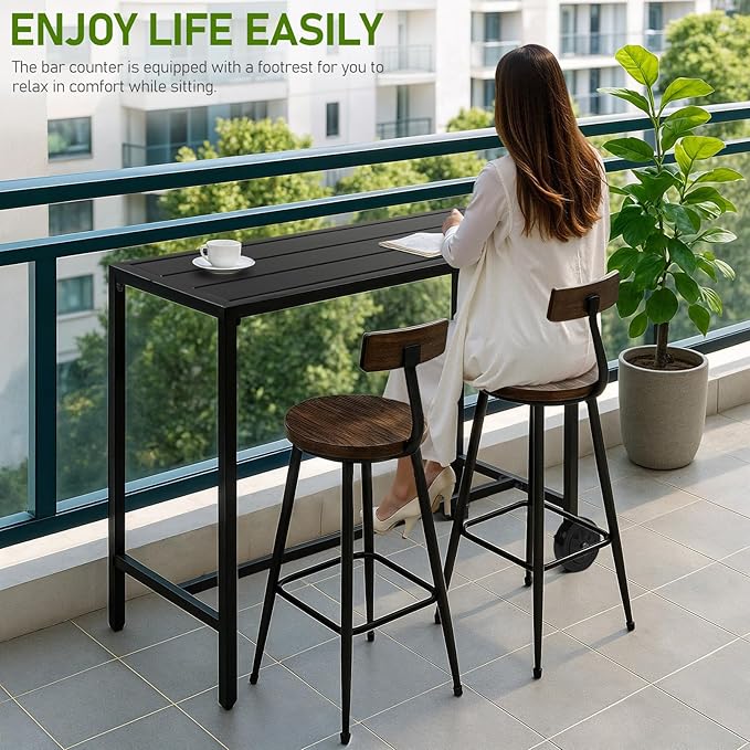Outvita Outdoor Bar Table, 37" Height Wheeled Patio Pub Table with Waterproof Frame and Adjustable Foot for Hot Tub, Patio, Backyard, Balcony, Hallway, Bistro Rectangle, Black