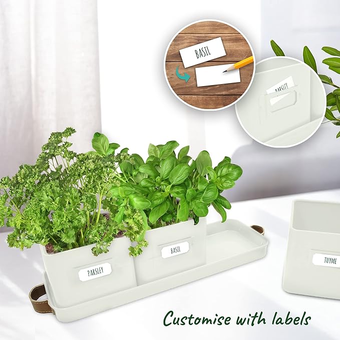 volila Herb Planter Indoor - Set of 3 Warmstone Indoor Herb Garden Pots for Plants with Leather Handled Tray - Window Sill Plant Shelf - Herb Pots with Drainage Holes and Labels