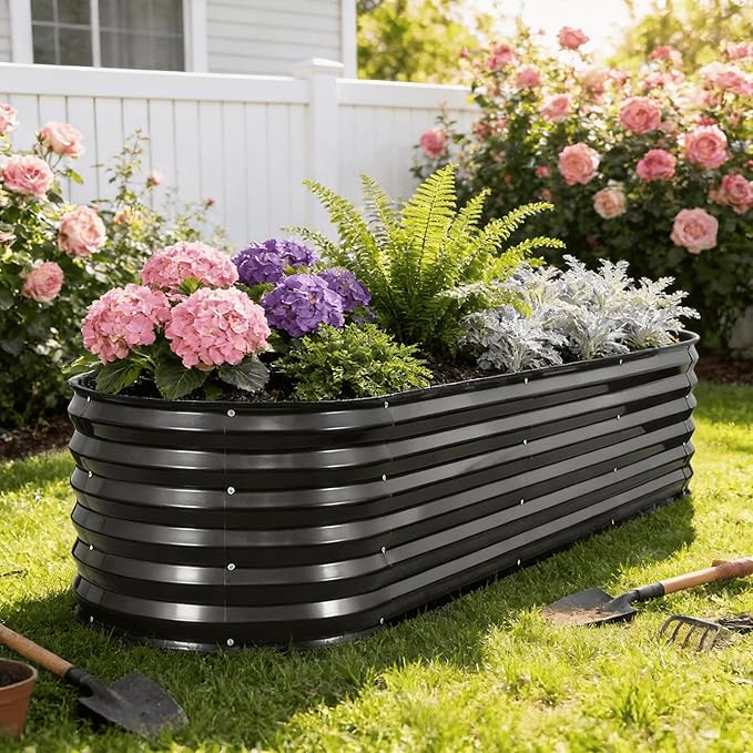 G GOOD GAIN Raised Garden Beds - 8x2x1.4ft Galvanized Planter Boxes Kit with Protective Tape & Gloves & Tools | Oval Metal Outdoor Raised Bed for Gardening Vegetables, Fruits, Flowers, Herbs, Grey