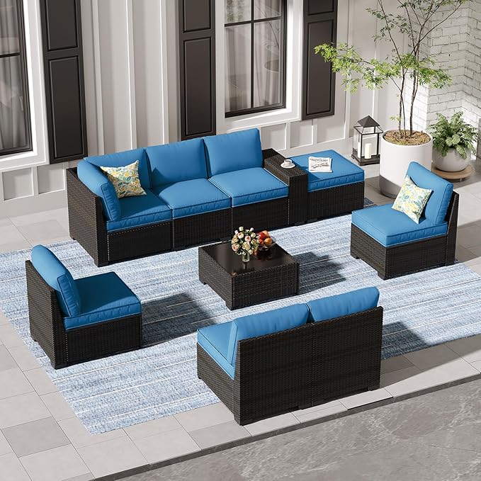 Jing's Villa 9-Piece Patio Furniture Set, All-Weather Outdoor Wicker Sectional Sofa with Cushions, Tempered Glass Table & Ottoman, Rattan Conversation Seating for Porch, Garden, Backyard,Peacock Blue
