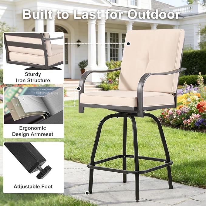 Patio Swivel Bar Stools Set of 2, Outdoor Bar Height Swivel Chairs with Cushions for Garden Balcony Backyard, Beige