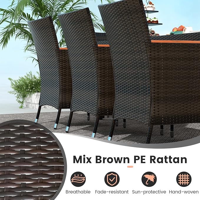 Tangkula 11 Pieces Patio Dining Set with 15ft Double-Sided LED Patio Umbrella (Base Included), Outdoor Rattan Furniture Set with 8 Stackable Chairs, Acacia Wood Dining Table and Umbrella (Wine)