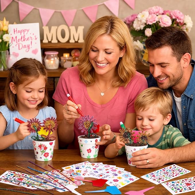 Funnymoom 48 Set Paintable Flower Pot Craft Kit DIY Spring Pots Craft for Mom with Watercolor, Pen Stickers, Plant Labels Garden Growing Kits for Spring Mother's Day Fun Activity