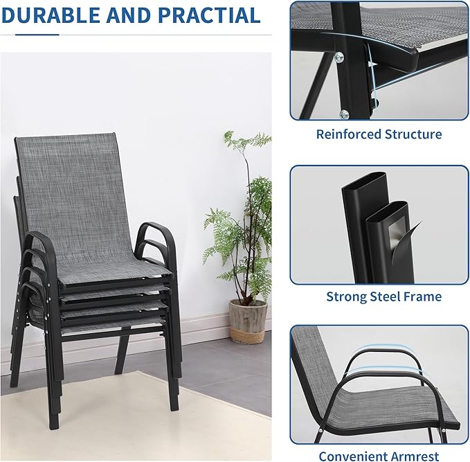 PIZZELLO Patio Chairs Set of 4, Outdoor Stackable Dining Chairs for All Weather, Lightweight Textilene Outdoor Chair Sets with Armrests, 330Lbs Capacity, for Backyard Porch Poolside Garden (Grey)