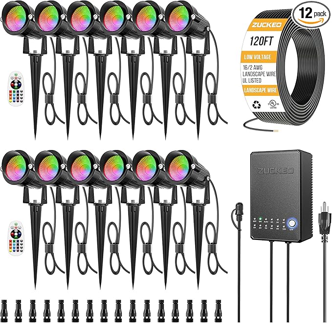 ZUCKEO All-in-One RGB Low Voltage Landscape Lighting Kit, 5W LED Color Changing Landscape Lights with Transformer and 120FT Wire, Outdoor Spotlights for Halloween Christmas Yard Garden Decor, 12Pack