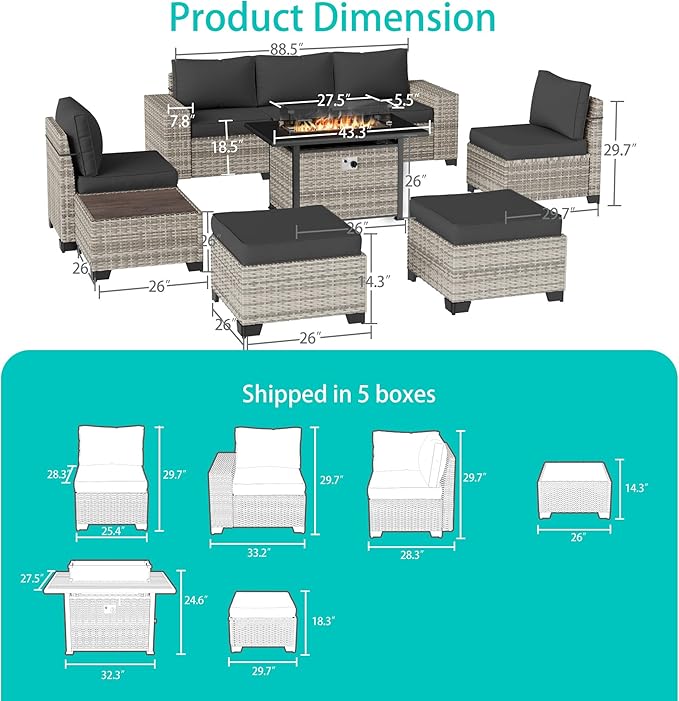 9-Piece Outdoor Patio Furniture Set with 55,000 BTU Fire Pit Table, PE Wicker Rattan Sectional Sofa Patio Conversation Set with Ottomans & Coffee Table, Dark Grey