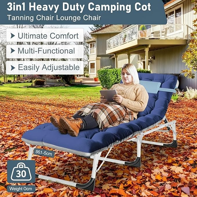ABORON 3 in 1 Sun Tanning Chair, Heavy Duty Folding Chaise Lounge Chairs, Oversized with Mat/Pillow/Face Arm Hole, for Beach Pool Lawn Yard Patio
