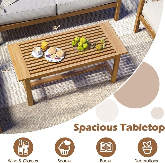 Tangkula 36” Patio Coffee Table, Solid Wood Coffee Table with Slatted Tabletop, Outdoor Rectangular Side Table, Solid Teak Wood Cocktail Tea Table, Home Accent Table for Poolside, Backyard, Garden