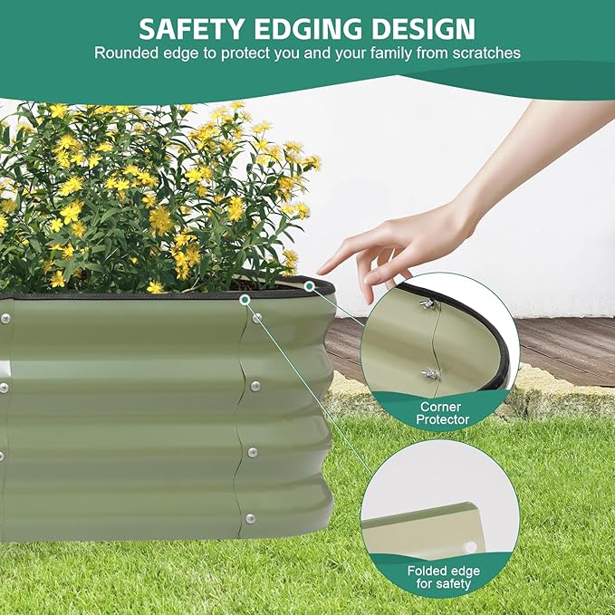 5 in 1Galvanized Raised Garden Bed - 8x3x1ft Modular Garden Planter Bed Outdoor | Steel Raised Bed Kit with Bracing Rods, Gloves for Gardening Vegetables Fruits and Flowers (Green)