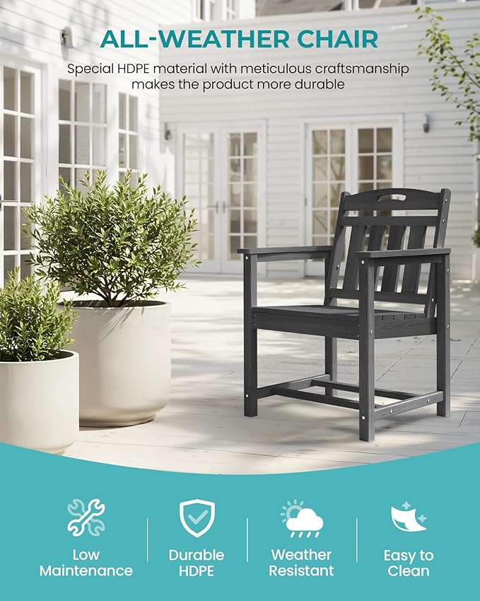 Outdoor Patio Dining Chair - All-Weather Fade-Resistant HDPE, Low Maintenance - for Garden, Backyard, Deck - New Black