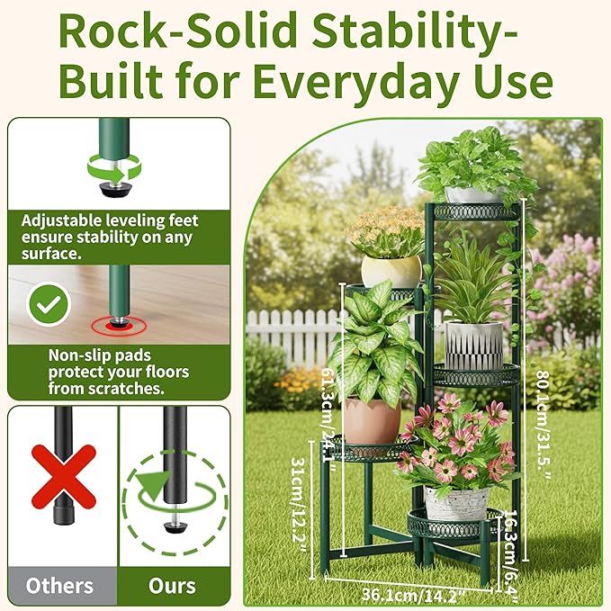 5-Tier Metal Plant Stand Indoor Outdoor, Corner Tall Plant Shelf for Multiple Plants, Foldable Plant Stand, Heavy Duty Flower Stand Holder for House Living Room Balcony Garden Patio -GreenFlower