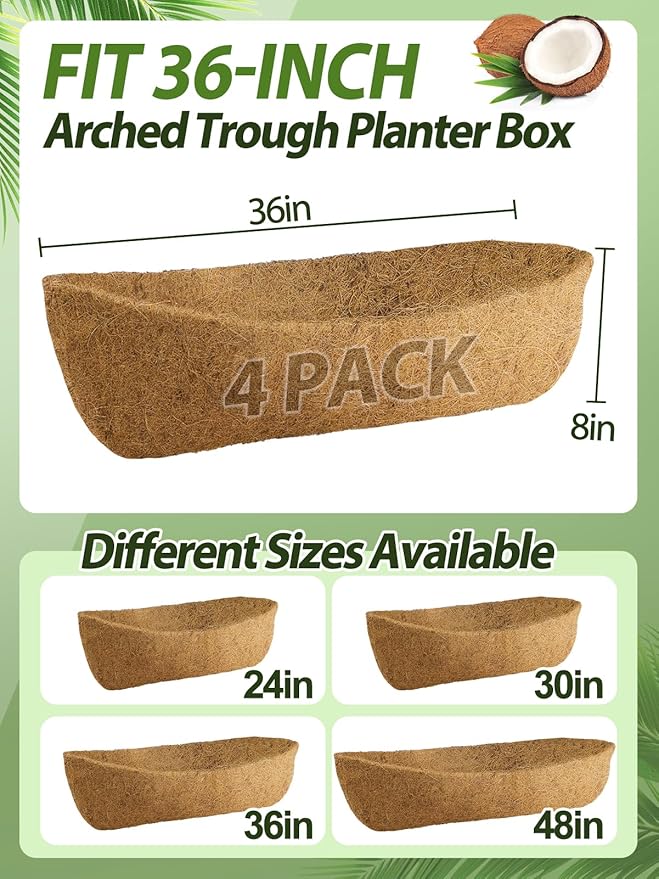 36in Arched Coco Liners for Window Planter Box - 4 Pack 100% Natural Coconut Coir Fiber Liner Replacement for Deck Flower Box, Garden Railing Fence Trough, Wall Planter Basket