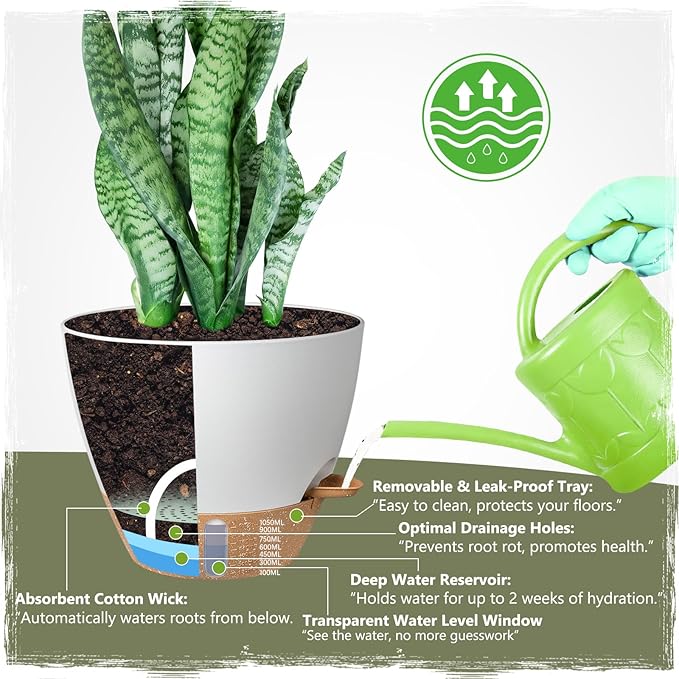 Self-Watering Pots for Indoor Plants 4 Pack, 6/8/10/12 Inch Outdoor Planters with Water Level Indicator&Deep Reservoir, Decorative Flower Pots for Indoor Plants,Home Decor (White, 12+10+8+6 inch)