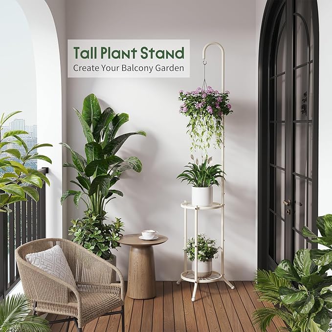 2-Tier Hanging Plant Stand Indoor and Outdoor , Space-Saving Iron Planter Shelves, Multiple Flower Pot Display Holder Shelf with Hanging Hook, Corner Plant Stands (White)