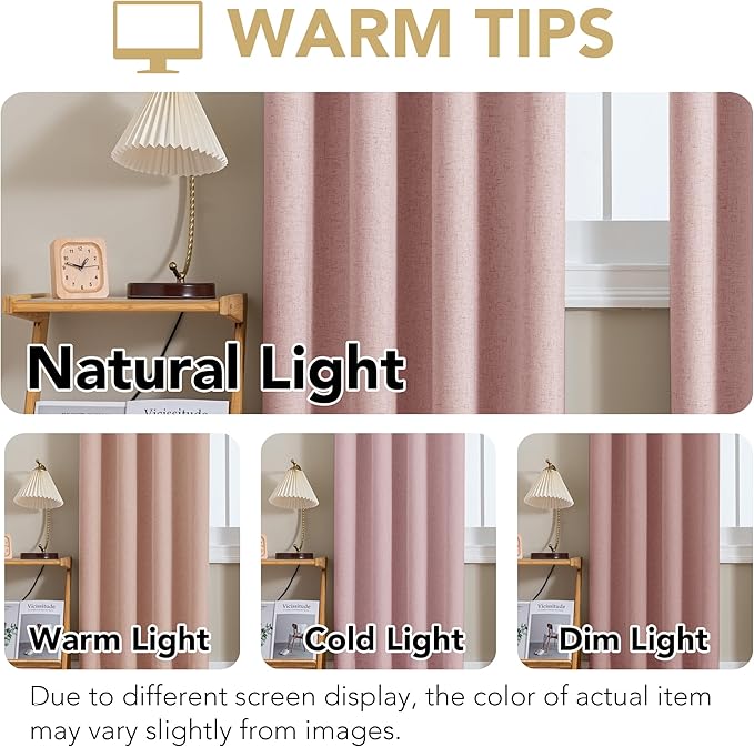 H.VERSAILTEX Linen Curtains 100% Blackout Curtains for Bedroom 63 inch Long Full Light Blocking Nature Linen Blended Window Curtains for Living Room Nickel Grommet (2 Panels, Heathered Baby Pink)