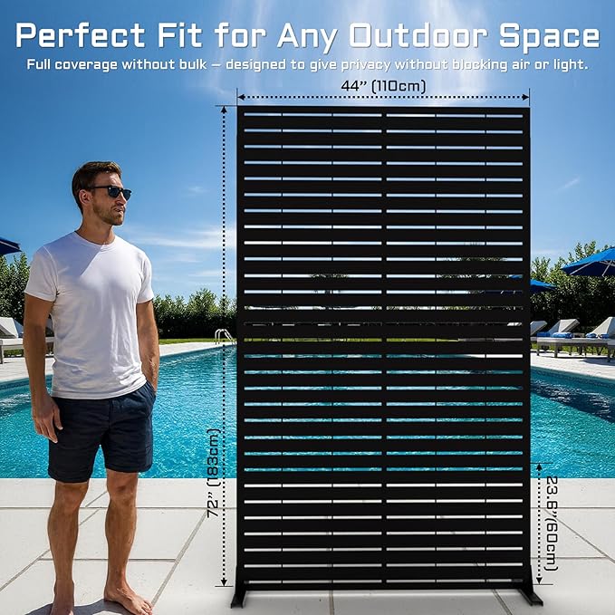 72" H Metal Outdoor Privacy Screen – Freestanding Rustproof Louvered Fence Panel for Patio, Garden, Balcony, AC Unit Cover, Trash Can, Modern Decorative Divider