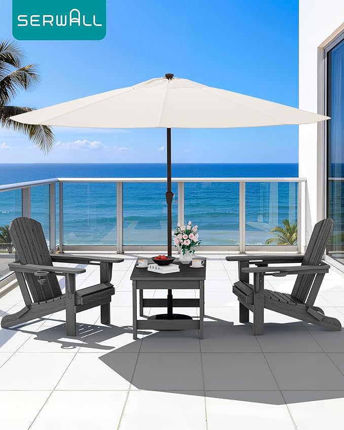 SERWALL Outdoor Coffee Table with 9FT Umbrella, HDPE Patio Coffee Table for Outside, Rectangle, Gray(Not Include Umbrella Base)