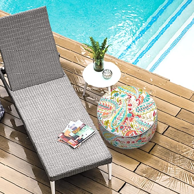 LVTXIII Inflatable Stool Ottoman Footrest with Handle, Decorative Fade-Resistant Foot Stool, Indoor or Outdoor Pouf for Home Patio Garden and Camping Use, D21 x W 21 x H9, Warm Paisley