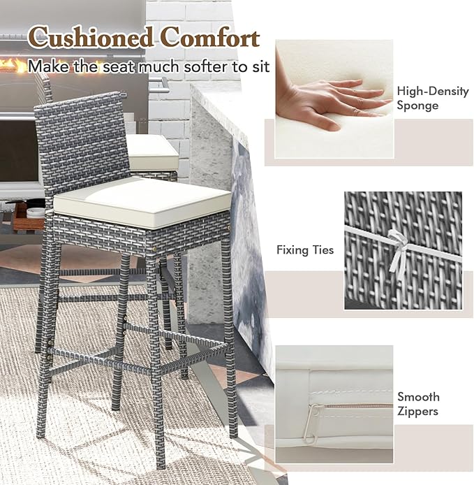 HAPPYGRILL Patio Wicker Barstools Set of 2, Outdoor Bar Height Chair w/Soft Seat Cushion & Cozy Footrest, Heavy-Duty Metal Frame, 400 lbs Max Load, Rattan Armless Bar Chairs