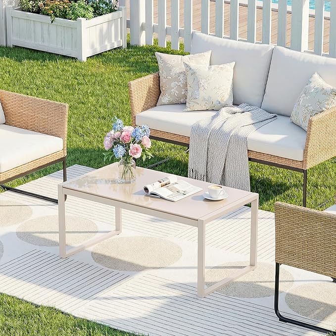 ONBRILL Rectangle Coffee Table with Tempered Glass Desktop, Galvanized Frame Outdoor Coffee Table with Adjustable Feet for Patio, Balcony, Deck, Living Room, Sand