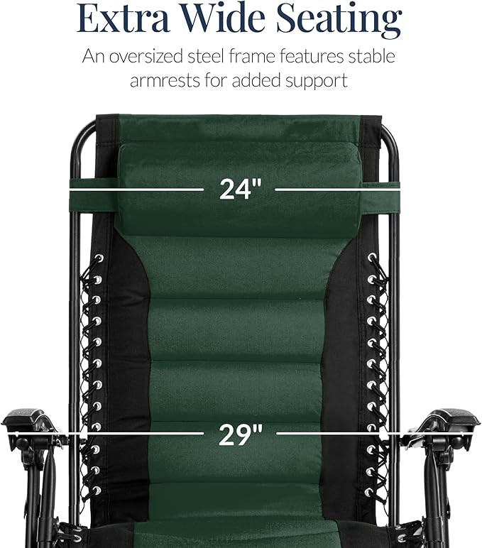 Best Choice Products Oversized Padded Zero Gravity Chair, Folding Outdoor Patio Recliner, XL Anti Gravity Lounger for Backyard w/Headrest, Cup Holder, Side Tray, Polyester Mesh - Forest Green
