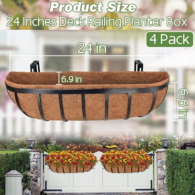 ZeeDix 4 Pack 24 Inch Railing Planter Box, Metal Window Boxes with Coco Liners for Railing, Hanging Flower Boxes for Deck Porch Balcony & Fence Outdoor Indoor Lawn