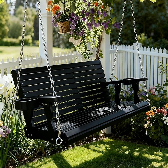 Wooden Porch Swing 2-Seater, High Backrest and Deep Seat, Bench Swing with Cupholders, Hanging Chains and 7mm Springs, Heavy Duty 880 LBS, for Outdoor Patio Garden (Carbon Black - 4 FT Extra Large)