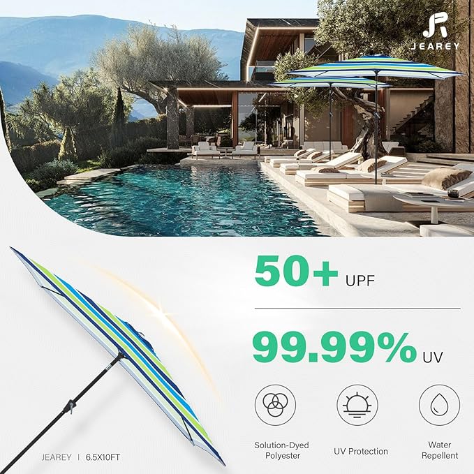 JEAREY 6.5x10 ft Rectangular Patio Umbrellas Rectangle Outdoor Umbrella with Push Button Tilt and Crank, Market Table Umbrella 6 Sturdy Ribs UV Protection for Poolside Garden Backyard Deck, Blue-Green Stripe