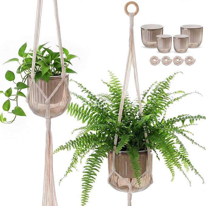 6 Pack Self Watering Hanging Planters Indoor Flower Pots(4.5 +6.5) Visible Water Level Markers 3 Hanging Ropes with Drainage Holes for Indoor Outdoor Garden Home Decor Supplies(Grey)