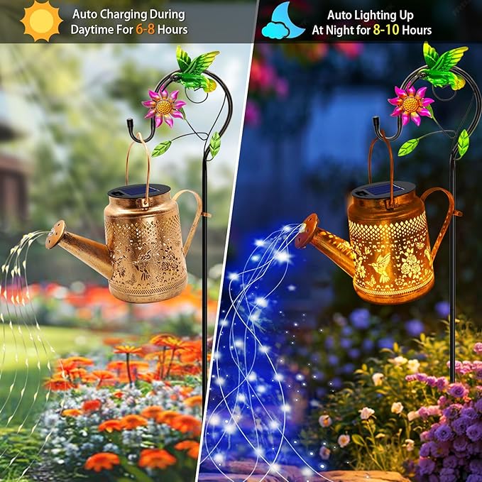 Solar Lanterns Outdoor Waterproof, Hummingbird Watering Can Garden Decor, Hanging Solar Path Lights Yard Art, Outside Patio Decoration Gardening Christmas Gift for Mom Grandma Women with Shepherd Hook