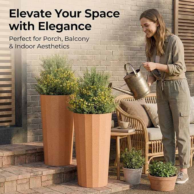 23.6" H Tall Planters for Outdoor Plants, 2 Pack Large Outdoor Planters for Porch Decor with Automatic Drainage Hole, Plastic Stripe Design Flower Pots Fits Indoor Plants Patio Garden, Black