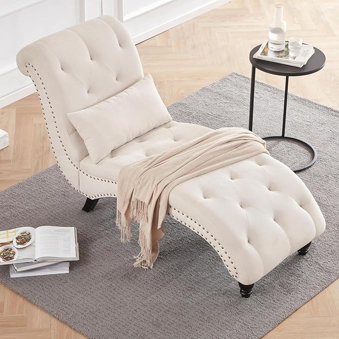 Tufted Soft Chaise Lounge Indoor, Linen Rivets Chaise Lounge Chair for Bedroom Living Room, Armless Upholstered Chaise Couch Chair with Square Cushions and Solid Wood Legs, Beige