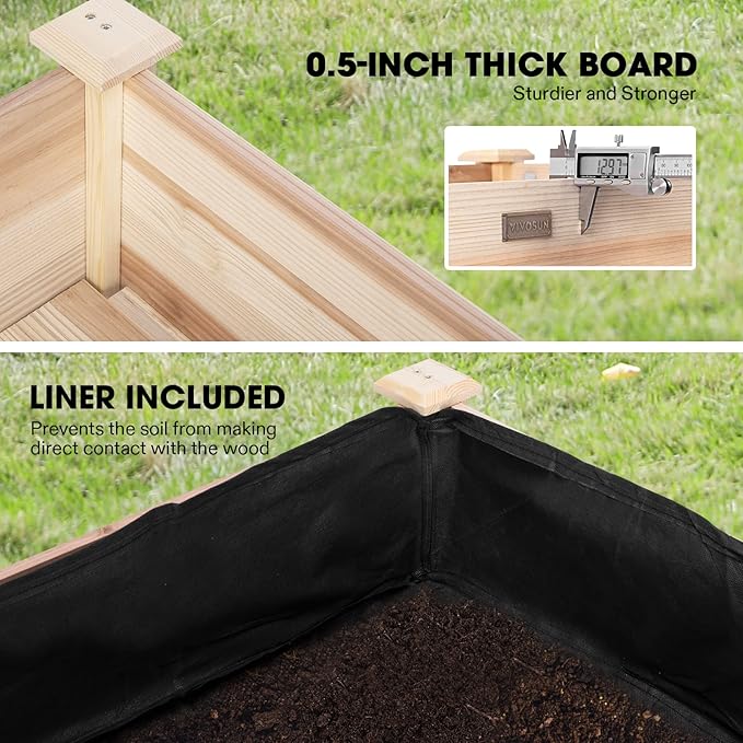 VIVOSUN Elevated Wooden Raised Garden Bed, 48 x 24 x 30 Inches, Outdoor Wood Planter Box w Bed Liner and Gloves for Garden, Patio, Balcony, Backyard and Outdoors, 220-Pound Capacity