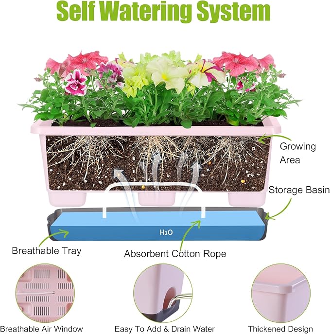 Window Box Planter 8 Pcs, 17 Inches Rectangle Flower Pots with Drainage Holes & Trays, Vegetable Planters for Windowsill Patio Garden Balcony Home Indoor Outdoor (Pink, 16 * 7 * 6 inch)