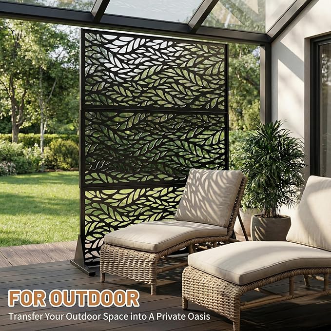 VINGLI Privacy Fence Panels, 72H’’ x 47W’’ Metal Privacy Screen Freestanding, Decorative Privacy Panels for Patio Garden Pool, Outdoor & Indoor (Leaf)