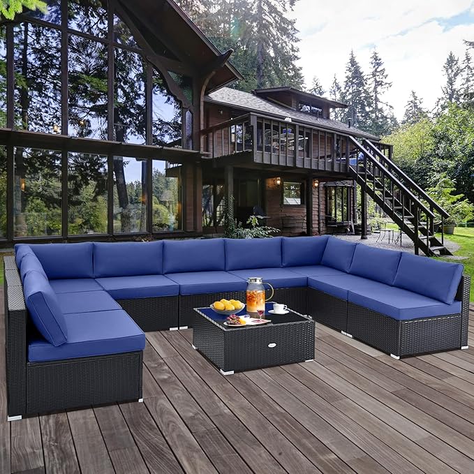 Tangkula 10 Pieces Patio Sofa Set, Outdoor Wicker Conversation Set with Soft Cushions, Tempered Glass Tabletop, Sofa Fastener Clips Included, Rattan Furniture Set for Backyard, Poolside (Navy)