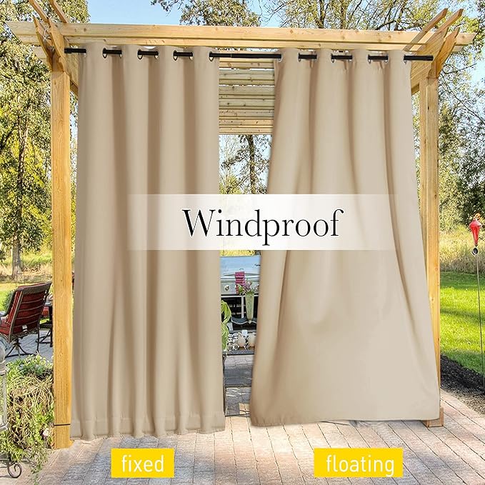NICETOWN 2 Panels Outdoor Curtains for Patio Waterproof & Windproof, Thermal Insulated Top & Bottom Grommet & Back Tab Light Block Outdoor Drapes with Bouns Rope for Fixed, Biscotti Beige, W66 x L84