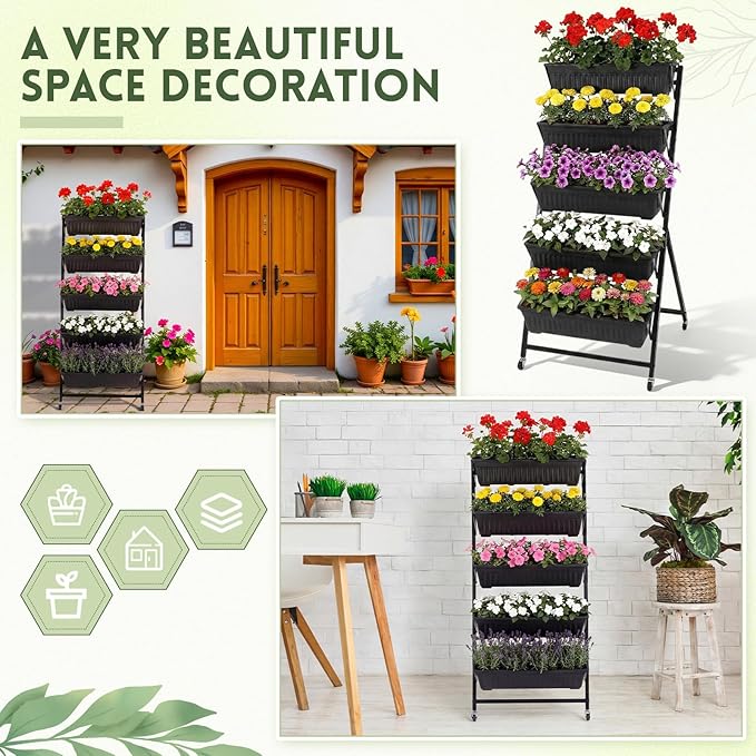 2 Pack 5-Tier Vertical Garden Planter 4.5 ft Tall Raised Garden Bed with Lockable Wheels & Drainage, Removable Elevated Herb Vegetable Flower Planter for Patio Deck Indoor Outdoor(Black)