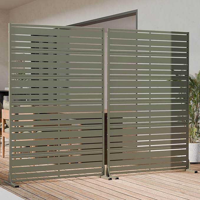 Casaphoria Metal Privacy Screen Outdoor, 72" H x 47" W Freestanding Decorative Privacy Screen for Patio Deck Balcony Garden with Stable Base, Grey-Benjamin
