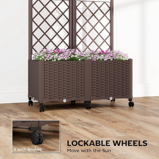 Outsunny Planter Box with Trellis, Self Watering Raised Garden Bed with Lockable Wheels, 56.3" Trellis Privacy Planter with Drainage Holes for Climbing Plants, Vines, Vegetables, Flowers, Brown