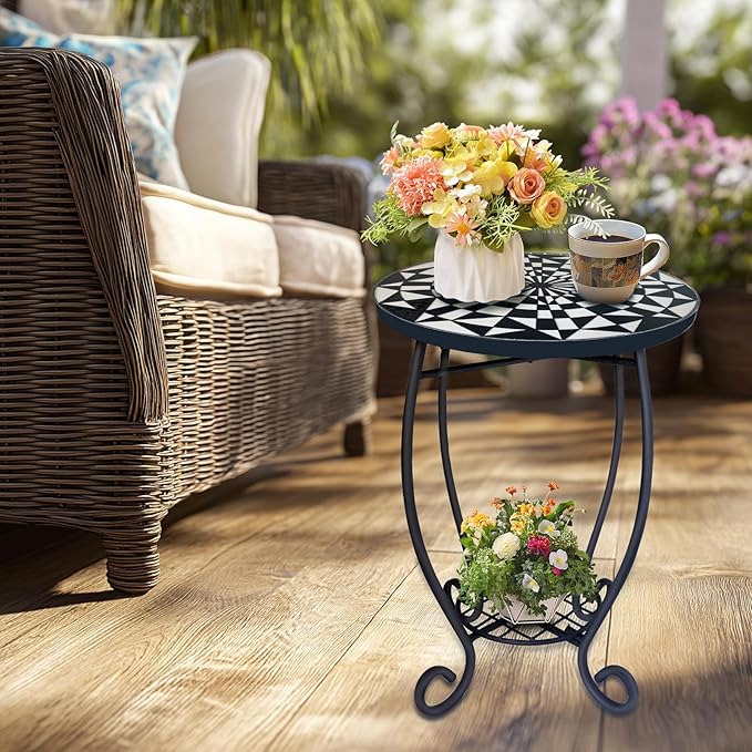 LIFFY Outdoor Side Table,12" Round Ceramic Tabletop Accent Table with Metal Frame, Indoor Small Decorative Plant Stand & End Table for Home, Patio, Garden