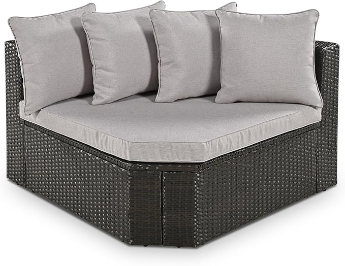 Merax 7-Piece Outdoor Wicker Sectional Sofa Set,Modular Rattan Conversation Set with Gray Cushions,Striped Green Pillows & Tempered Glass Coffee Table for Patio,Garden,Deck,Brown