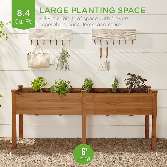 Best Choice Products 72x24x30in Raised Garden Bed, Elevated Wood Planter Box Stand for Backyard, Patio, Balcony w/Divider Panel, 6 Legs, 300lb Capacity - Acorn Brown